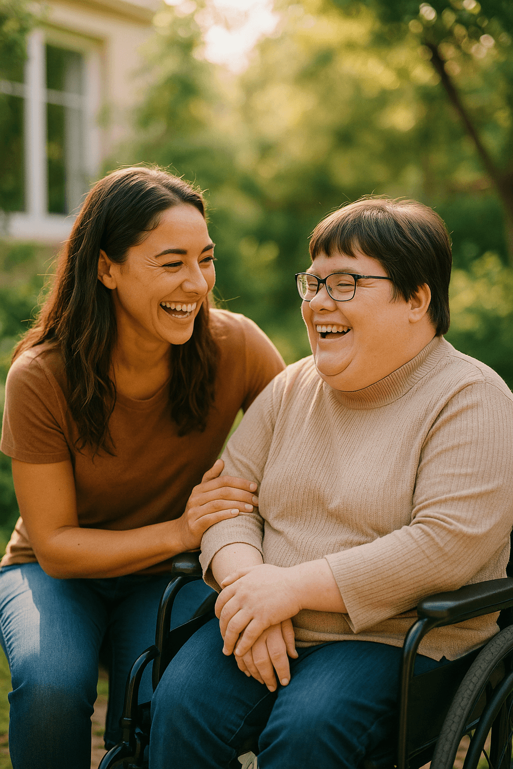 An Adom Grace Care support worker laughing with a participant in a sunny garden
